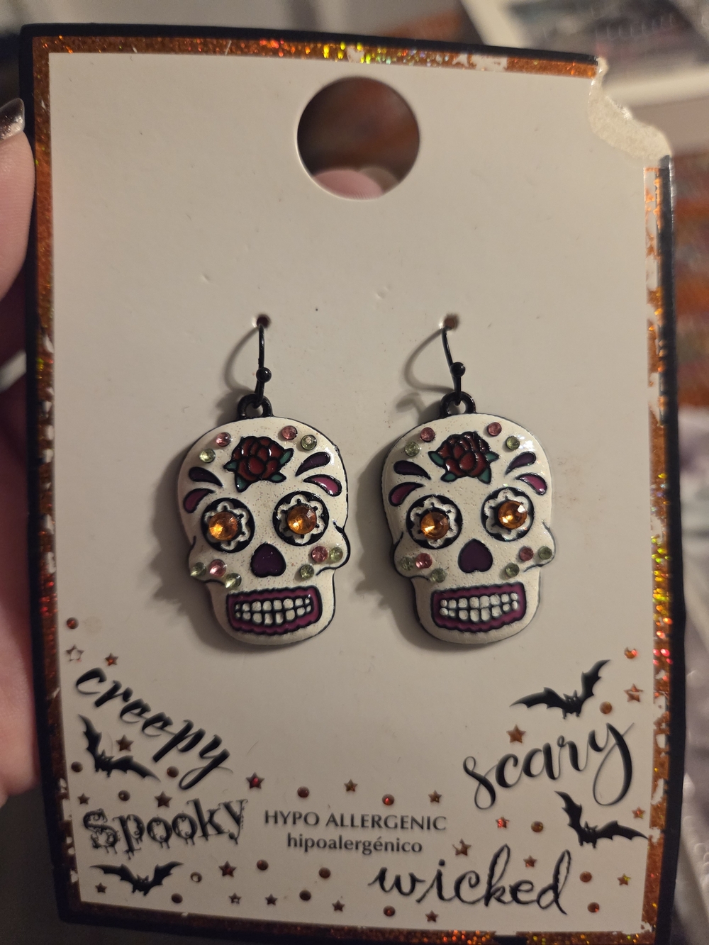 White Sugar Skull Drop Earrings with Orange Gem Accents